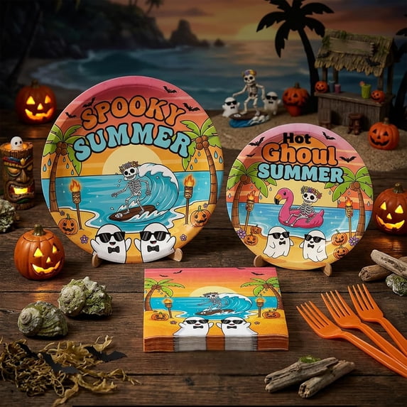 UYGDUY-Summer Ween Party Decorations - 96 Pcs Orange Summer Halloween Supplies Favors for Boys Girls Spooky Hawaii Beach Ghosts Disposable Paper Dessert Plates Napkins Forks Tableware Decor Set
