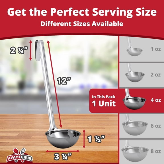 UYGDUY-Super Sturdy, Ergonomic 4 Oz. Soup Ladle 1 Pk. Stainless Steel Ladles with Long Handles. Best Kitchen Accessories for Stirring, Portioning and Serving Soups, Chili and Stew in Restaurants and
