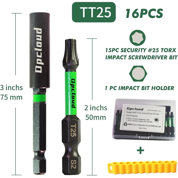 UYGDUY-T25 Impact Screwdriver Bit Set, 16 Pieces 2S2 Steel Magnetic Security #25 Torx Tips Driver Power Bit Set with Extension Impact Bit Holder