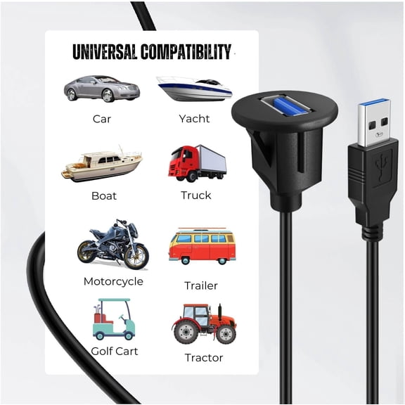UYGDUY-TNP USB 3.0 Flush Mount Cable w/Buckle, Dashboard Panel Dash Mount 1 Port USB Socket Plug Jack Connector Extension Wire Cord Water Resistant Male to Female (1.8M / 6FT)