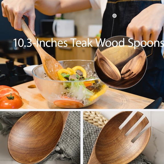 UYGDUY-Teak Wooden Forks for Salad Serving Set of 2, 10.2-Inch Teak Wooden Serving Spork Set, Natural Wood Salad Servers, Wooden Kitchen Forks, Salad Servers Resistant to High Heat