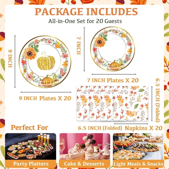 UYGDUY-Thanksgiving Paper Plates Party Supplies Set  Serve 20  9 Inch Plates, 7 Inch Dessert Plates, Autumn Napkins  Fall Disposable Plates & Tableware for Friendsgiving, Harvest Feast