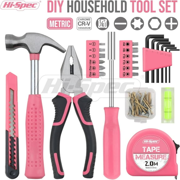 UYGDUY-Tool Set 25pc Pink Household DIY Tool Kit for Women. Small Mini Tool Box Set of Starter Basic Ladies Tools