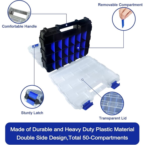 UYGDUY-Tools Organizer Box Small Parts Storage Box 50-Compartment Double Side Hardware Organizers with Removable Plastic Dividers for Screws, Nuts, Nails, Bolts, Blue