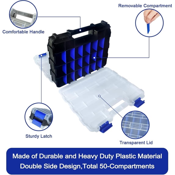 UYGDUY-Tools Organizer Box Small Parts Storage Box 50-Compartment Double Side Hardware Organizers with Removable Plastic Dividers for Screws, Nuts, Nails, Bolts, Blue