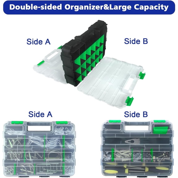 UYGDUY-Tools Organizer Box Small Parts Storage Box 50-Compartment Double Side Hardware Organizers with Removable Plastic Dividers for Screws, Nuts, Nails, Bolts, Green