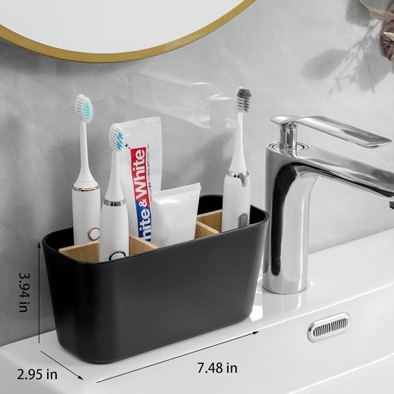 UYGDUY-Toothbrush Holders for Bathrooms, Bamboo Tooth Brush Holder with 5 Slots Bathroom Vanity Organizer Countertop for Electric Toothbrushes, Toothpaste, Razors - Black