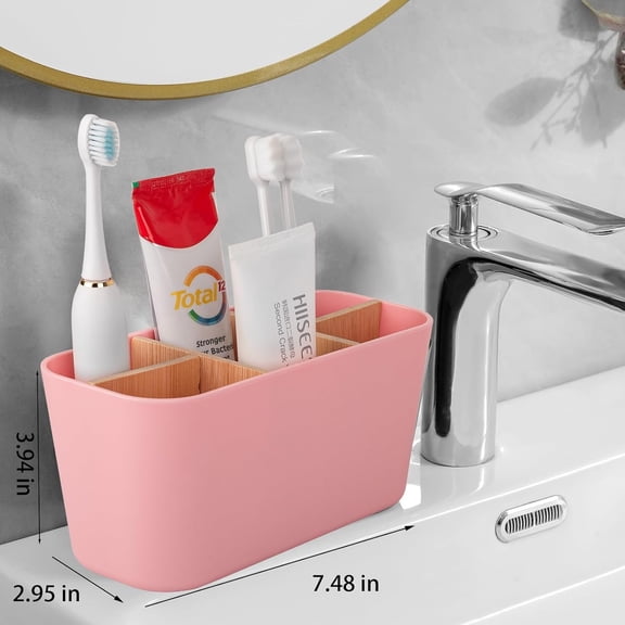 UYGDUY-Toothbrush Holders for Bathrooms, Bamboo Tooth Brush Holder with 5 Slots Bathroom Vanity Organizer Countertop for Electric Toothbrushes, Toothpaste, Razors - Pink