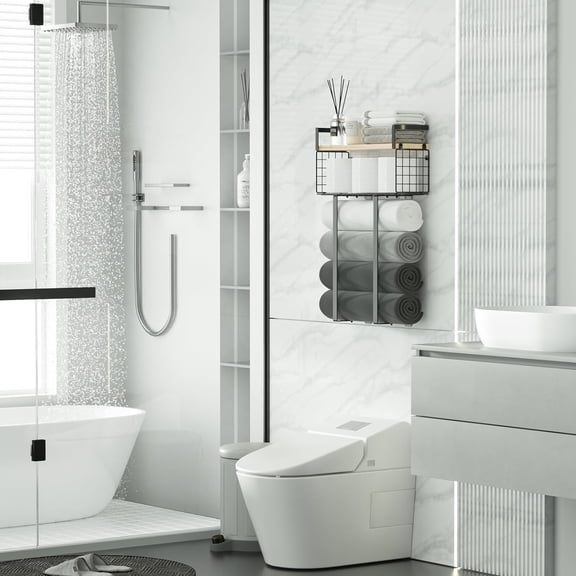UYGDUY-Towel Racks for Bathroom, Metal Towel Holder with Storage Basket,Wall Towel Rack for Rolled Towels, Towel Storage for Small Bathroom.