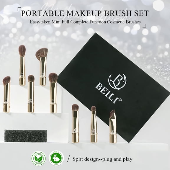 UYGDUY-Travel Eye Makeup Brushes Set 8pcs Removable Double Sided Makeup Brush with Mirror Box & Removal Cleaner Sponge (Golden)