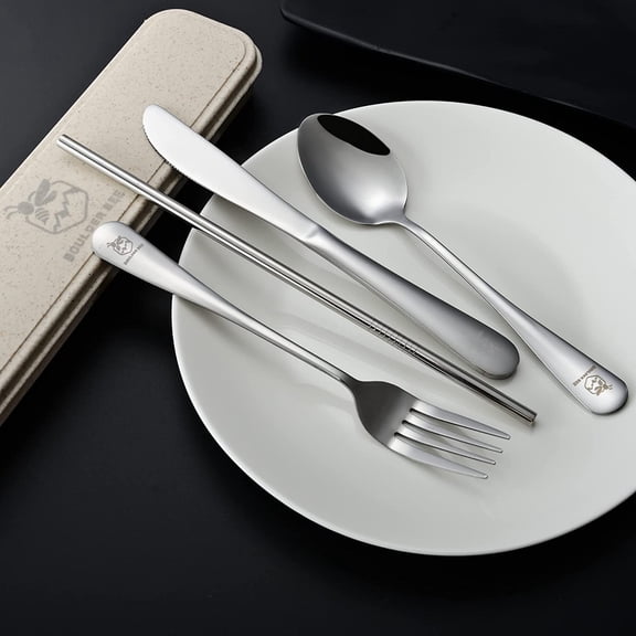 UYGDUY-| Travel Utensils Set | Reusable Camping Cutlery Set | Stainless Steel Flatware Set | Portable Silverware Set with Case | Includes Knife/Fork/Spoon/Straw/Cleaning Cloth/Case (Silver)