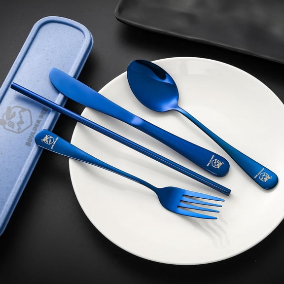 UYGDUY-| Travel Utensils Set | Reusable Camping Cutlery Set | Stainless Steel Flatware Set | Portable Silverware Set with Case | Includes Knife/Fork/Spoon/Straw/Cleaning Cloth/Case (Blue)