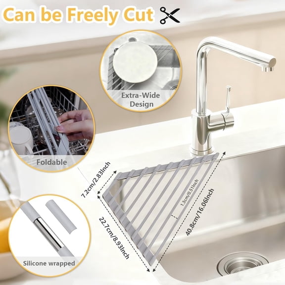 UYGDUY-Triangle Roll Up Dish Drying Rack, Foldable Anti-Slip Kitchen Sink Drainer Organizer, Silicone Coated Stainless Steel Frame, Multipurpose Over Sink Corner Caddy for Space Saving (Grey)