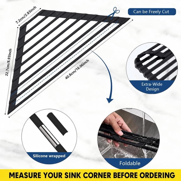 UYGDUY-Triangle Roll Up Dish Drying Rack, Foldable Anti-Slip Kitchen Sink Drainer Organizer, Silicone Coated Stainless Steel Frame, Multipurpose Over Sink Corner Caddy for Space Saving (Black)