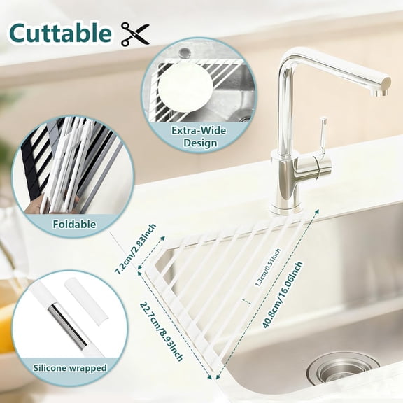 UYGDUY-Triangle Roll Up Dish Drying Rack, Foldable Anti-Slip Kitchen Sink Drainer Organizer, Silicone Coated Stainless Steel Frame, Multipurpose Over Sink Corner Caddy for Space Saving (White)