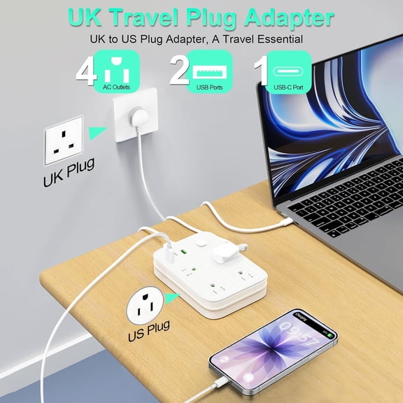 UYGDUY-UK Adapters for Travel, UK Power Strip with 4 AC Outlets 1 USB C and 2 USB Ports, UK to US Plug Adapter Type G, UK Outlet Adapter for UK Ireland England Scotland Hong Kong Travel (3ft)