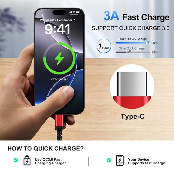 UYGDUY-USB C Charger Cable Fast Charging Type C Cord Android Charger Cable 3Pack 6FT for iPhone 16 15 Pro Max/16e/15 Plus/15 Pro/15, 3A Braided Car Charge Cord for Samsung Galaxy S25 S24 S23 S22 A16