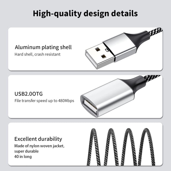 UYGDUY-USB Splitter 1 in 2 Out, USBA Male to 2 Female USB Extension Cable, 6.6Ft Long A Y Splitter Support Charging and Data Transfer