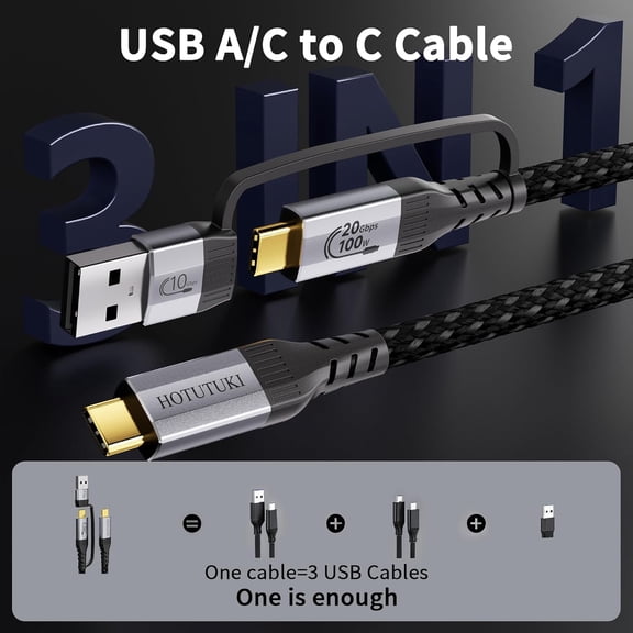 UYGDUY-USB a to USB c Cable 6.6FT Multi Functional 2in1, usbc 3.2 Gen 2X2,20Gbps High Speed Data Transfer,4K@60Hz UHD Video 5A/100W Fast Charge Cord Compatible with Thunderbolt 3/4, Braided