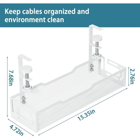UYGDUY-Under Desk Cable Management Tray, No Drill Mesh Desk Cable Tray, Wire Management Tray Cable Management Rack, Wire Organizer and Cable Management Box (White)