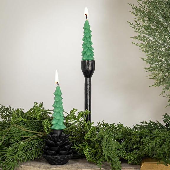 UYGDUY-Unscented Textured Tree Shaped Taper Candles in Box, Green, Set of 2