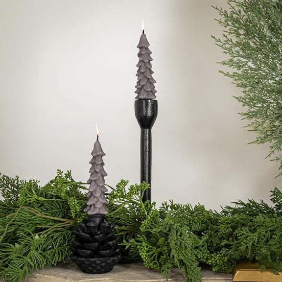 UYGDUY-Unscented Textured Tree Shaped Taper Candles in Box, Pewter Color, Set of 2