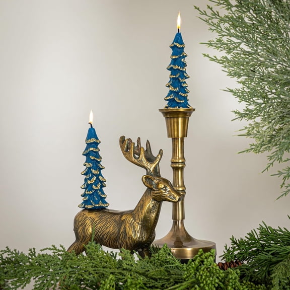 UYGDUY-Unscented Textured Tree Shaped Taper Candles with Gold Tips in Box, Blue, Set of 2