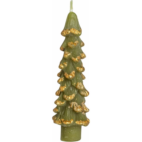 UYGDUY-Unscented Textured Tree Shaped Taper Candles with Gold Tips in Box, Evergreen Color, Set of 2