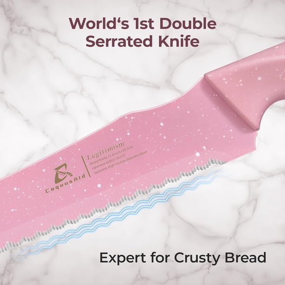 UYGDUY-Upgrade Bread Knife for Homemade Bread, Worlds 1st Double Serrated Knife for Crusty Sourdough, 11.6 Inch Stainless Steel Bread Slicer, Professional Sourdough Cutter, Ideal for Gift, Pink