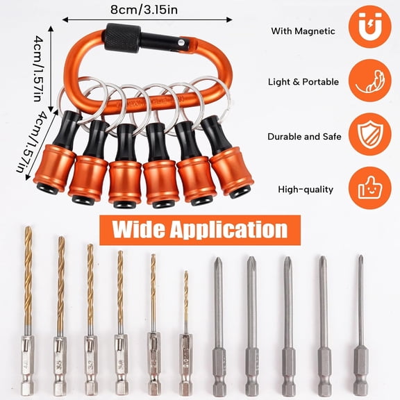 UYGDUY-Upgrade Orange 12Pcs Bit Holder Keychain, 1/4 inch Hex Shank Bit Holders, Quick-change Design For Nut Driver, Screwdriver & Drill Bits, Include Keychain Carabiner, Push to Unlock