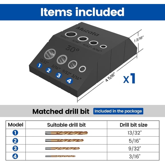 UYGDUY-Upgraded Multi Angle Drill Guide Jig with 4 drill bits 30 45 90 Degree Portable Drilling Template 4 Sizes for Horizontal Angle Wood Post 3/16 1/8 Cable Railing Hardware Kit Tool CT24