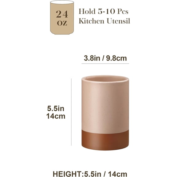 UYGDUY-Utensil Holder, 5.5" Ceramic Kitchen Utensil Holder for Countertop, Cooking Utensil Crock for Kitchen Counter, Farmhouse Utensil Organizer for Spatula & Spoon, Khaki Pink, Series TARA