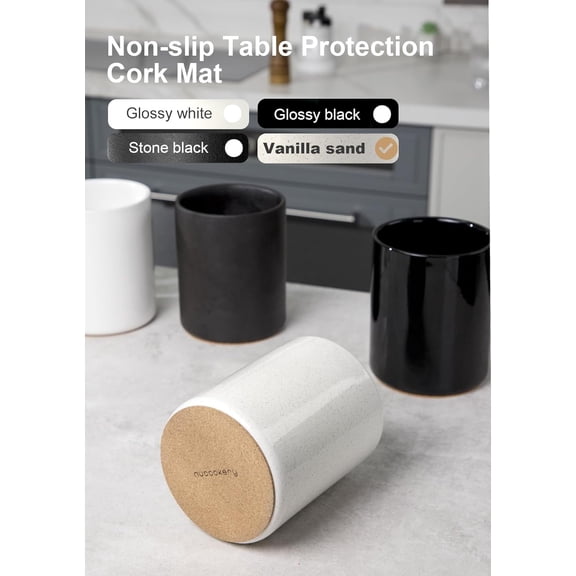 UYGDUY-Utensil Holder, 6.4" Ceramic Kitchen Utensil Holder for Countertop with Protection Cork Bottom, Vintage Farmhouse Kitchen Decor for Counter, Gift (Sand)