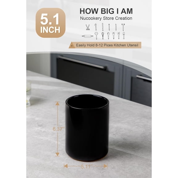 UYGDUY-Utensil Holder, 6.4" Ceramic Kitchen Utensil Holder with Countertop-Protection Cork Bottom, Farmhouse Kitchen Decor for Counter (Black)