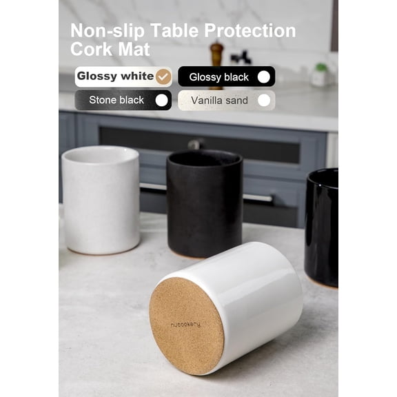 UYGDUY-Utensil Holder, 6.4" Ceramic Kitchen Utensil Holder with Countertop-Protection Cork Bottom, Farmhouse Kitchen Decor for Counter, Gift (White)