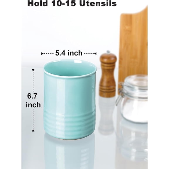 UYGDUY-Utensil Holder, 6.7" Ceramic Kitchen Utensil Crock for Countertop Cooking, Modern Utensil Caddy Jar Organizer for Farmhouse Kitchen Counter Dcor, Turquoise