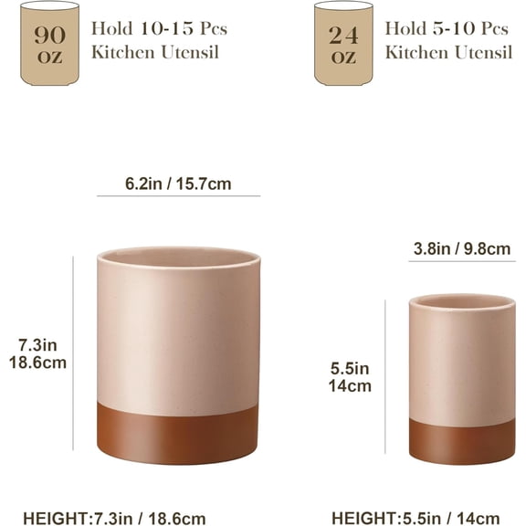 UYGDUY-Utensil Holder, 7.3"+5.5" Ceramic Kitchen Utensil Holder for Countertop, Large Cooking Utensil Crocks for Kitchen Counter, Farmhouse Utensils Organizer, Set of 2, Khaki Pink, Series TARA