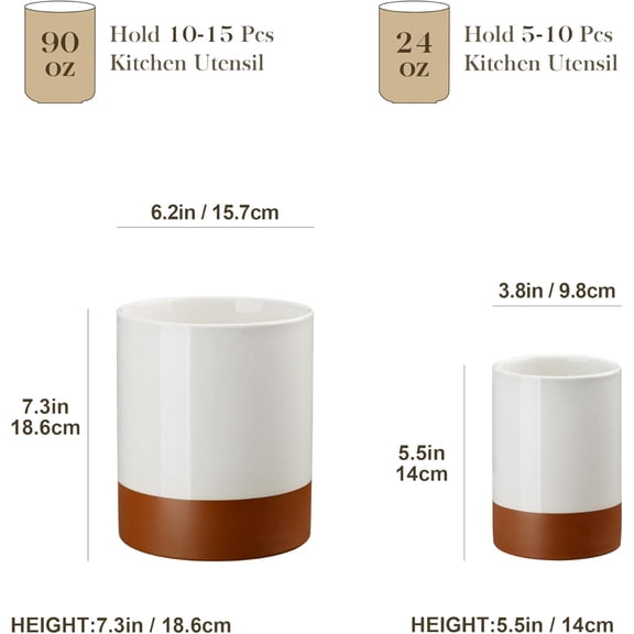 UYGDUY-Utensil Holder, 7.3"+5.5" Ceramic Kitchen Utensil Holder for Countertop, Large Cooking Utensil Crocks for Kitchen Counter, Farmhouse Utensils Organizer, Set of 2, Khaki White, Series TARA