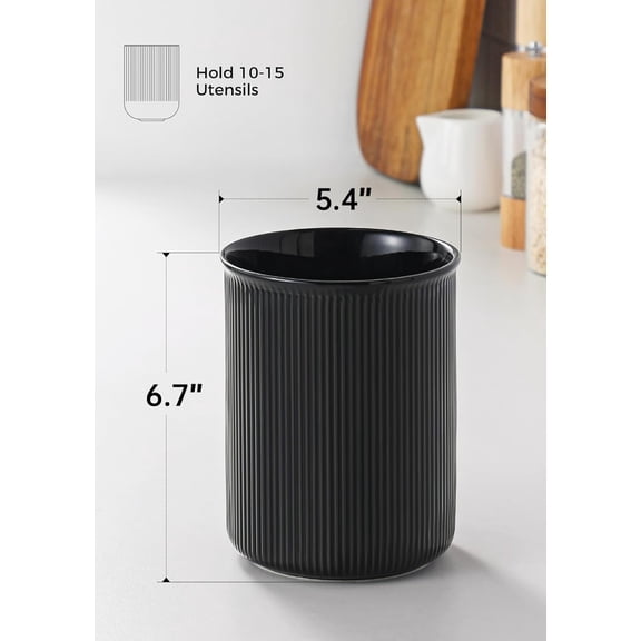 UYGDUY-Utensil Holder, Extra Large Utensil Crock, Stable Ceramic Utensil Organizer, Cooking Tool Organizer Set for Kitchen Counter Farmhouse Decor (F-6.7" Black)