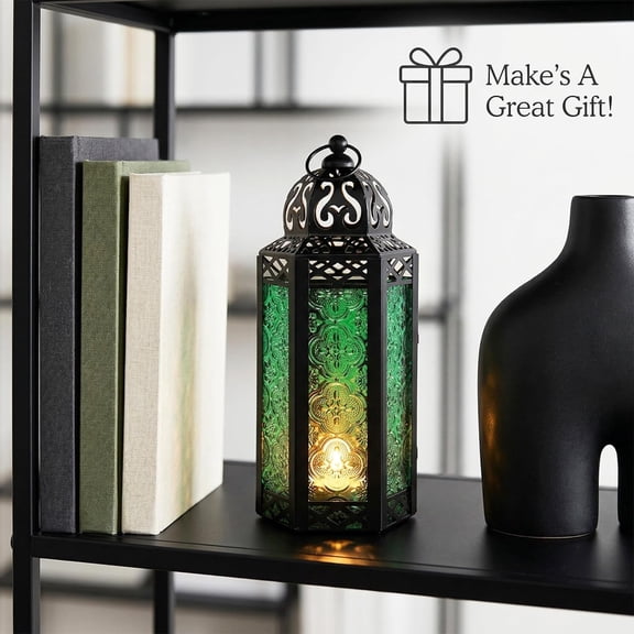 UYGDUY-VELA LANTERNS 10.5" Moroccan Candle Lantern Decorative Candle Holder Lamp for Table or Hanging, Ramadan Decorations, Indoor Home Decor, Outdoor Patio or Porch, Black Metal, Green Glass, Medium