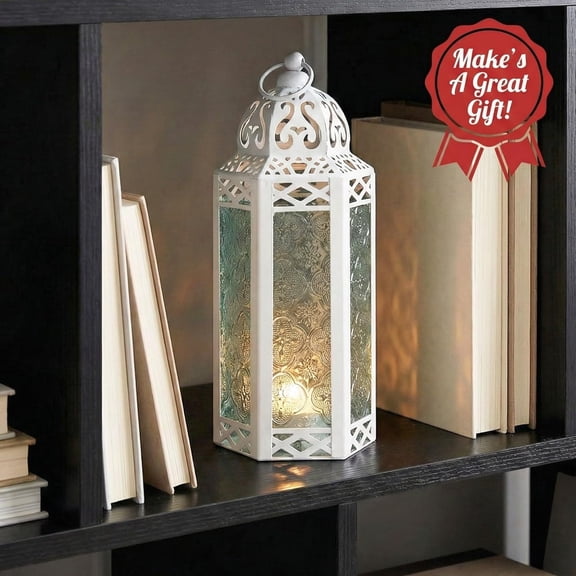 UYGDUY-VELA LANTERNS White Moroccan Candle Lantern Decorative Candle Holder Lamp for Table or Hanging, Ramadan Decorations, Indoor Home Decor, Outdoor Patio or Porch, Weddings, Clear Glass, Medium