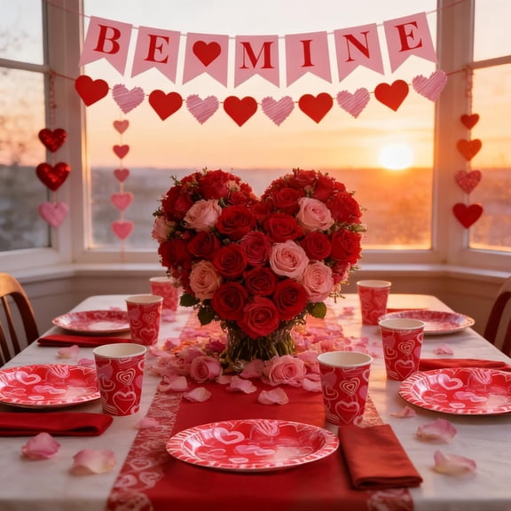UYGDUY-Valentine's Day Party Tableware Set for 24  Heart Pattern Paper Plates, Cups, Napkins, Tablecloth & Be Mine Banner  Romantic Disposable Party Supplies for Couples, Adults