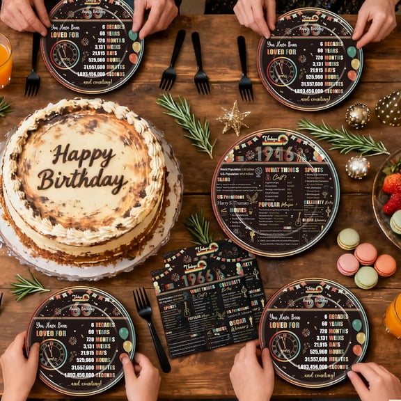 UYGDUY-Vintage 60th Birthday Decorations - 96 Pcs Retro Sunset Party Paper Plates and Napkins Forks Tableware Disposable Happy Cheers to 60 Year Old 1966 Decor Supplies for Men Women Serves 24 Guests