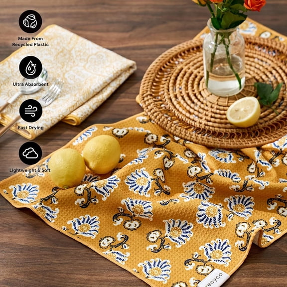 UYGDUY-Waffle Kitchen Towel Set of 2 - Quick Dry Microfiber Sustainable Dish Towels - Ultra Absorbent Reusable Cleaning Tea Towels - Lightweight Hand Towels,16x 28, Marigold Mosaic