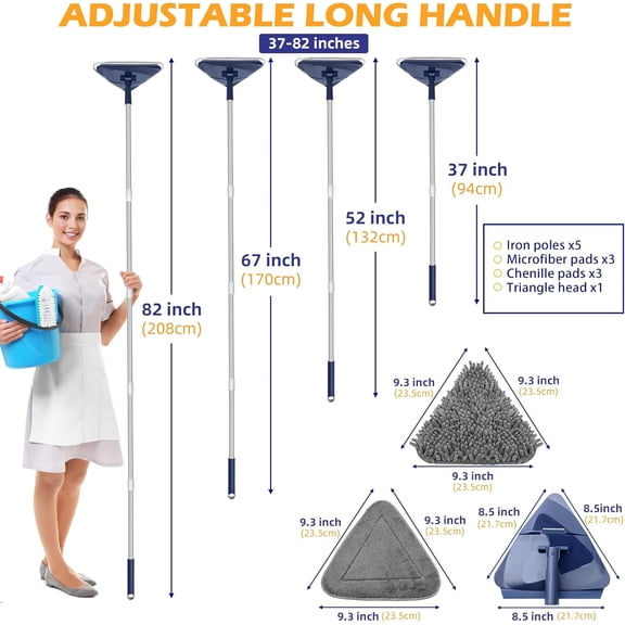 UYGDUY-Wall Cleaner Mop with 82" Extendable Handle, 360 Rotating Head & 90 Flip, Microfiber/Chenille Pads, Built-in Squeegee for Ceiling, Wall, Baseboard and Window Cleaning