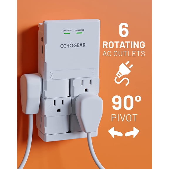 UYGDUY-Wall Outlet with USB Ports & Surge Protection - Power Protect 8 Devices 6 Rotating AC Plugs 2 Includes 1x USB-C Port USB-A White