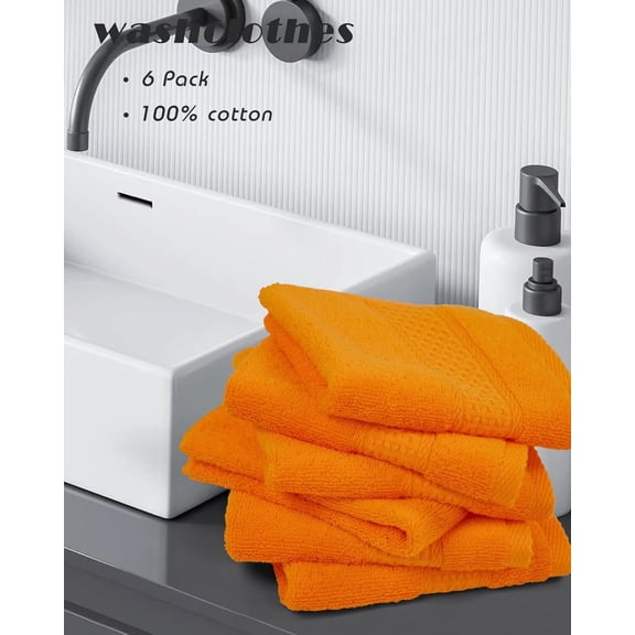 UYGDUY-Washcloths Orange Face Cloths Set of 6 Large All Cotton Bathroom Wash Cloth - 13 by 13 Inches Highly Absorbent Face Towels for Fall Bathroom Decor Daily Use
