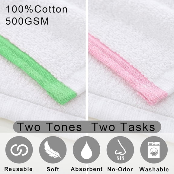 UYGDUY-White Bar Mop Towels 12Pack, 100% Cotton, 12"x12" - 500GSM | Odor Free | Soft | Absorb | Washable, Terry Bar Towels for Kitchen, Reusable Washcloths for Washing Dishes, Green + Pink (Trim)