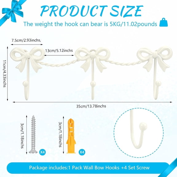 UYGDUY-White Bow Hooks Bow Wall Hook, 3 Bow Knot Coat Hooks Metal Bowknot Towel Hooks Door Hanger Holder for Wedding Bathroom Bags Coats Hats Coffee Mugs Room Kitchen Decorations (White-A)