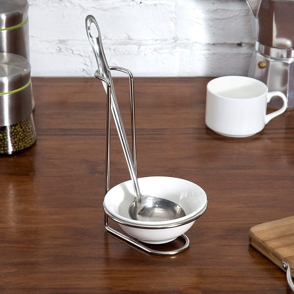UYGDUY-White Ceramic Ladle Holder Spoon Rest, Upright Single Cooking Utensil Holder, Vertical Drip Catcher Dish with Stainless Steel Stand for Kitchen Counter